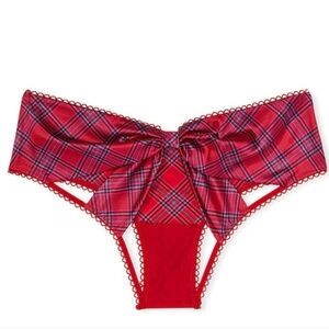 Victoria's Secret Red Plaid Very Sexy Satin Bow Cutout Open Back panty Medium